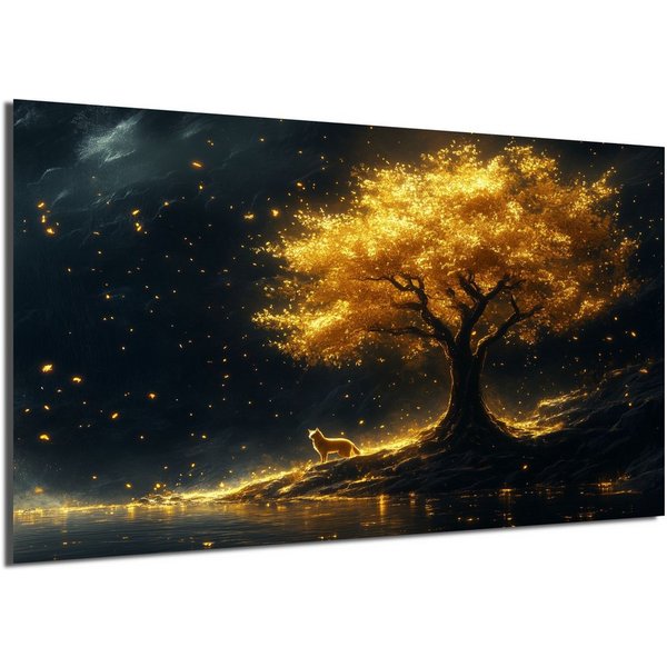 DARO Design Leinwandbild Modern Abstrakt Wandbilder XXL Wandbild Wand Deko Leinwand Bilder, (Katze am goldenen Baum - Bild groß Wohnzimmer Esszimmer Schlafzimme