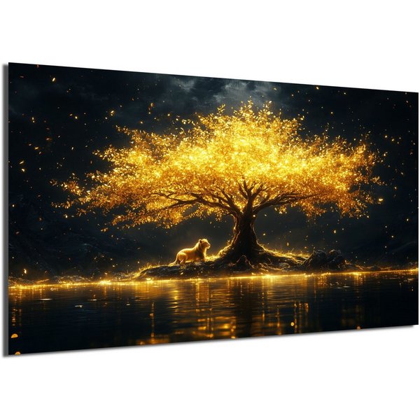 DARO Design Leinwandbild Modern Abstrakt Wandbilder XXL Wandbild Wand Deko Leinwand Bilder, (Tiger am goldenen Baum - Bild groß Wohnzimmer Esszimmer Schlafzimme