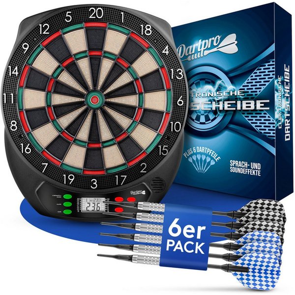 DartPro Dartscheibe elektronisch - für Profis -, (Elektrisches Dartboard mit 6 Pfeilen), 21 Spiele, 65 Varianten - LCD-Display - Batterie- & Netzbetrieb