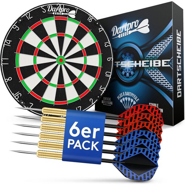 DartPro Dartscheibe Steeldart - Profi Dartboard inkl. 6 Steeldarts (18g) -, hochwertigstes Sisal, extrem dünne Drähte, inkl. Montageset