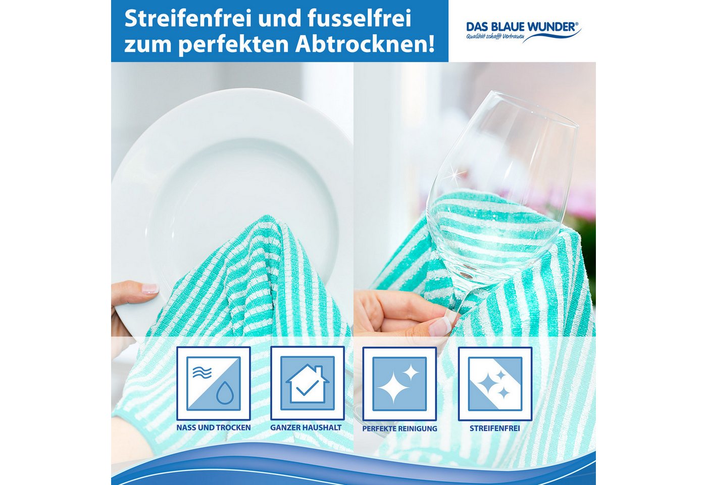 Das Blaue Wunder® Geschirrtuch EXTRA Premium aus Bambusfasern für Küche und Haushalt, (Set in 40 x 70cm), Reinigen und Trocknen, Streifen- und fusselfrei, Wasch – Bild 3 von 5