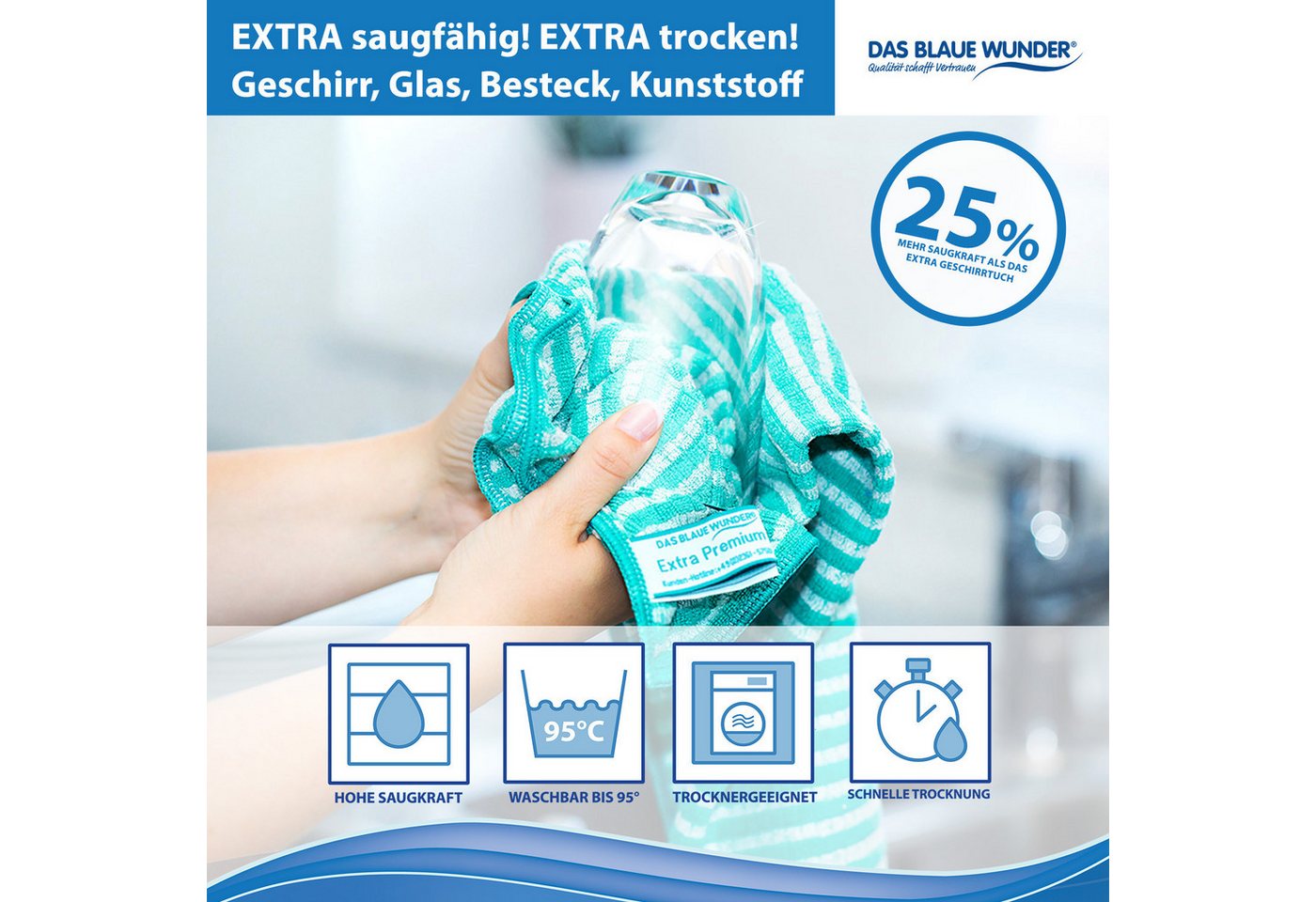 Das Blaue Wunder® Geschirrtuch EXTRA Premium aus Bambusfasern für Küche und Haushalt, (Set in 40 x 70cm), Reinigen und Trocknen, Streifen- und fusselfrei, Wasch – Bild 2 von 5