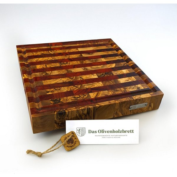 dasOlivenholzbrett Schneidebrett Massives Olivenholz Stirnholz Schneidebrett mit Saftrille zweifarbig