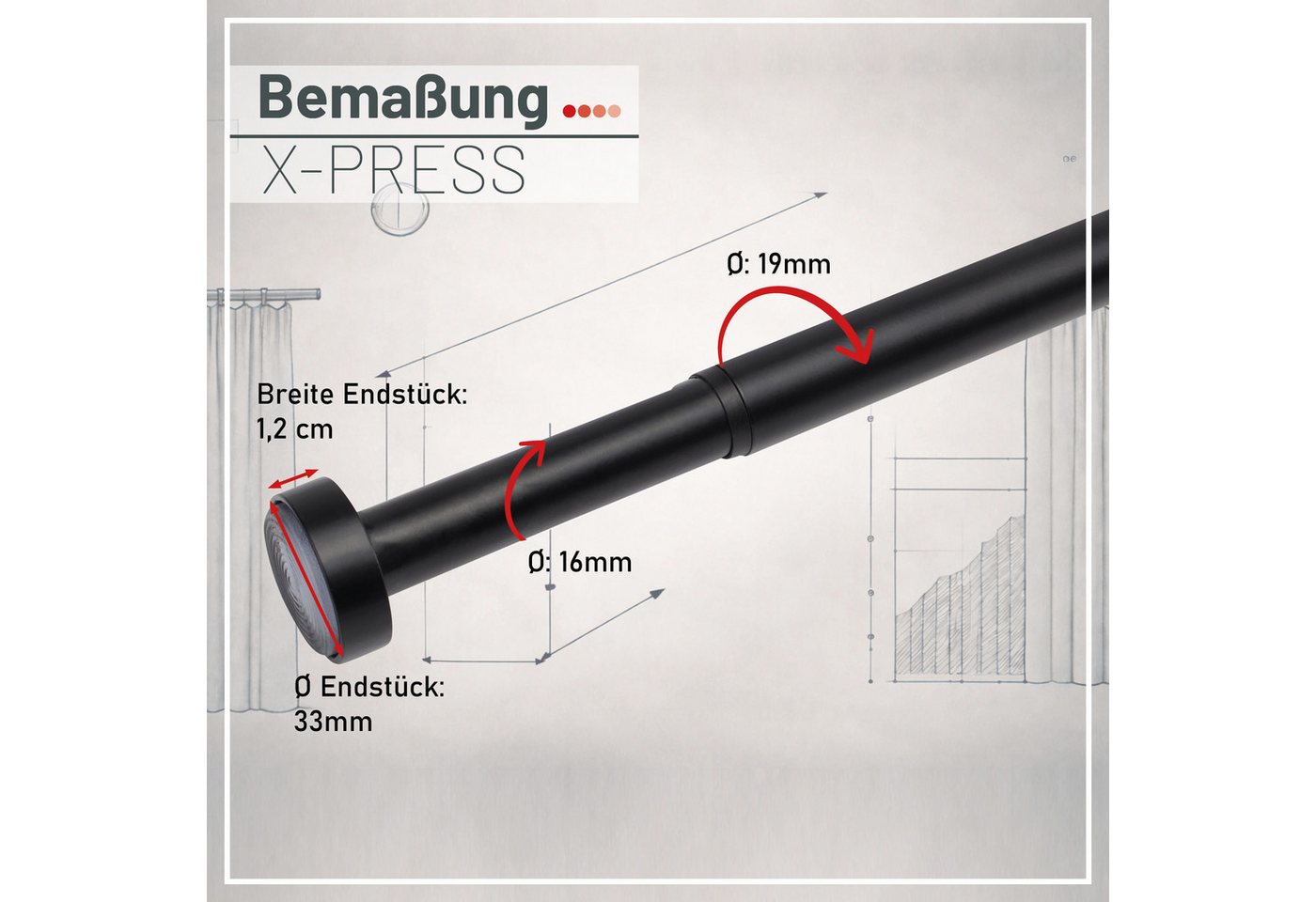 Deco-Raum Duschvorhangstange X-press, Ø 19 mm, 1-läufig, ausdrehbar, ohne Bohren, geklemmt, Metall, flexibel einsetzbar – Bild 5 von 5