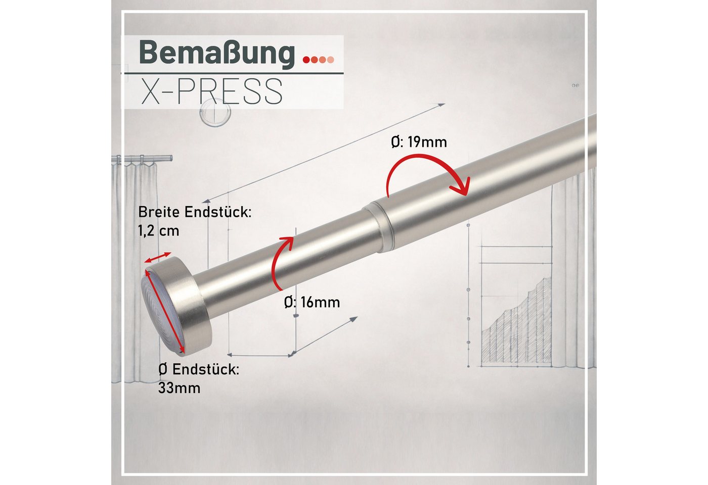 Deco-Raum Duschvorhangstange X-press, Ø 19 mm, 1-läufig, ausdrehbar, ohne Bohren, geklemmt, Metall, flexibel einsetzbar – Bild 5 von 5