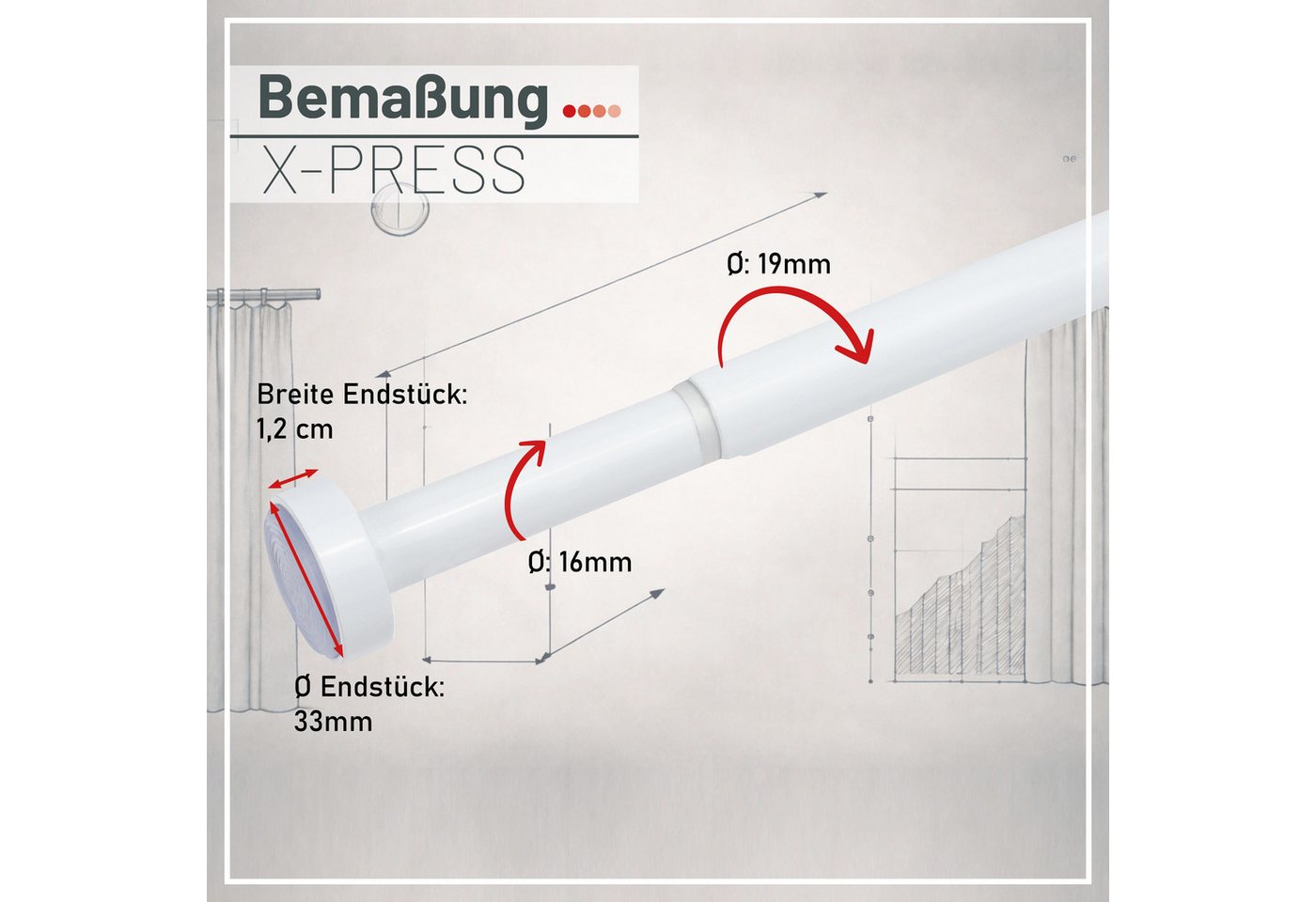 Deco-Raum Duschvorhangstange X-press, Ø 19 mm, 1-läufig, ausdrehbar, ohne Bohren, geklemmt, Metall, flexibel einsetzbar – Bild 5 von 5