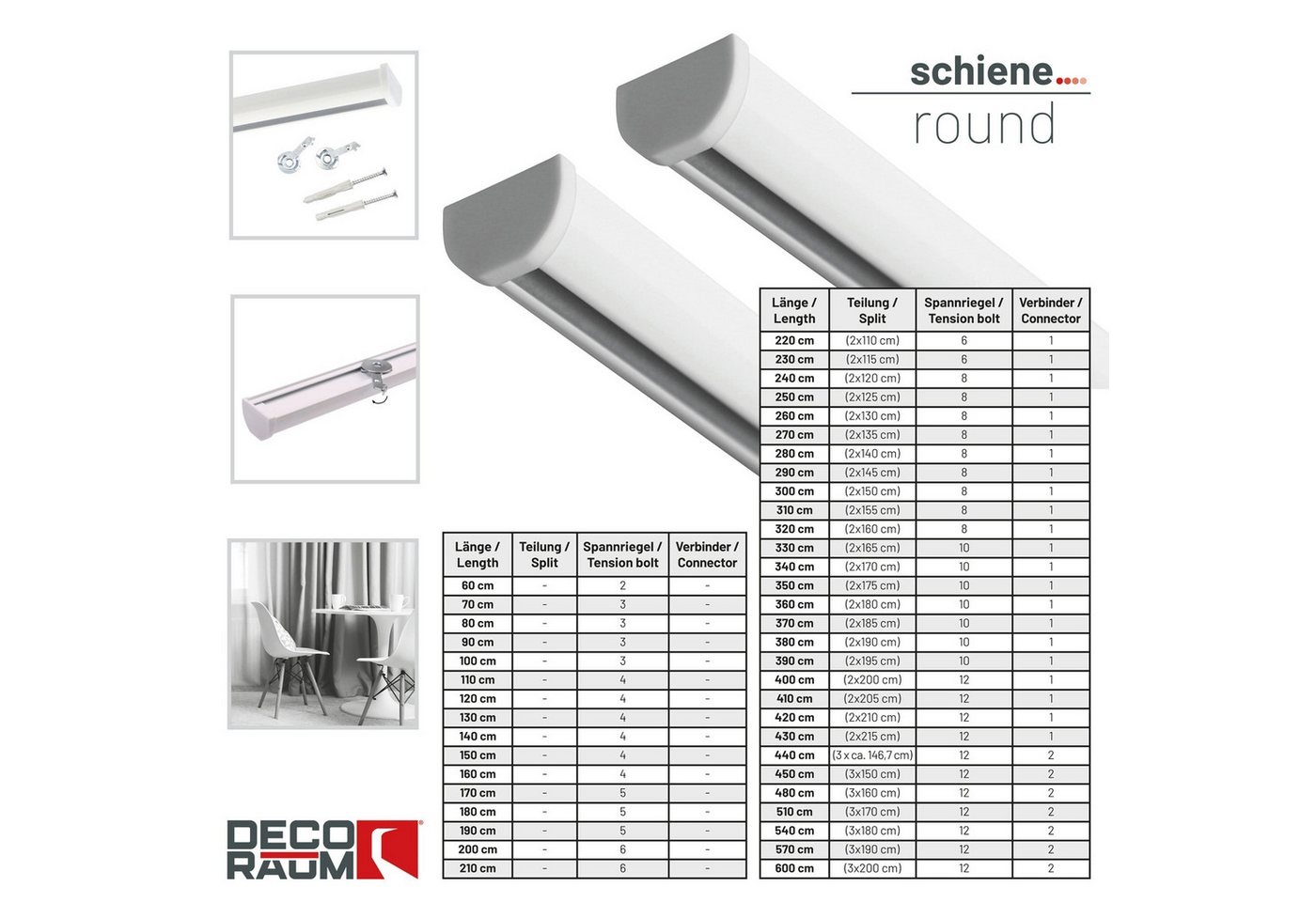 Deco-Raum Gardinenschiene Round, 1-läufig, kürzbar, Wunschmaßlänge, Deckenmontage, geschraubt, Aluminium – Bild 3 von 5
