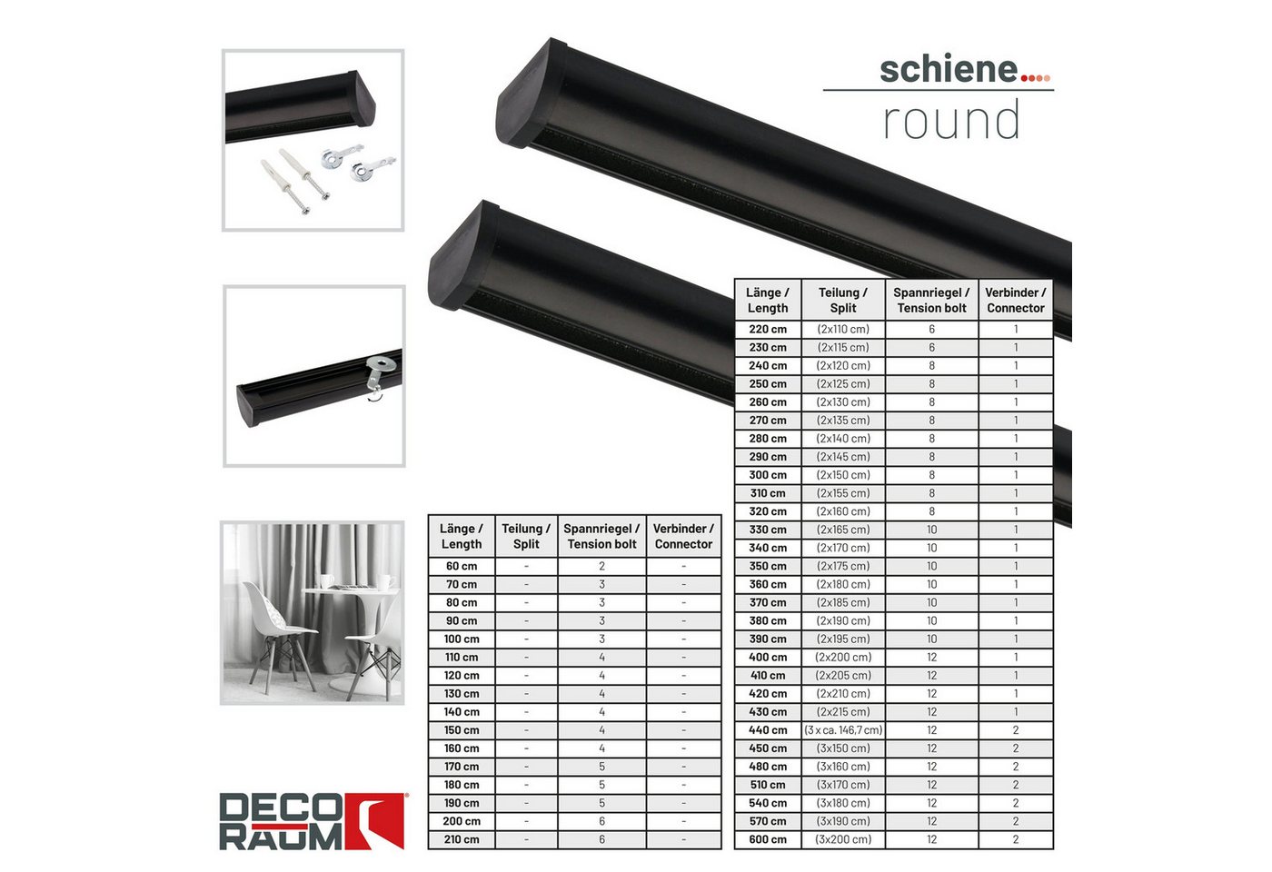 Deco-Raum Gardinenschiene Round, 1-läufig, kürzbar, Wunschmaßlänge, Deckenmontage, geschraubt, Aluminium – Bild 3 von 5