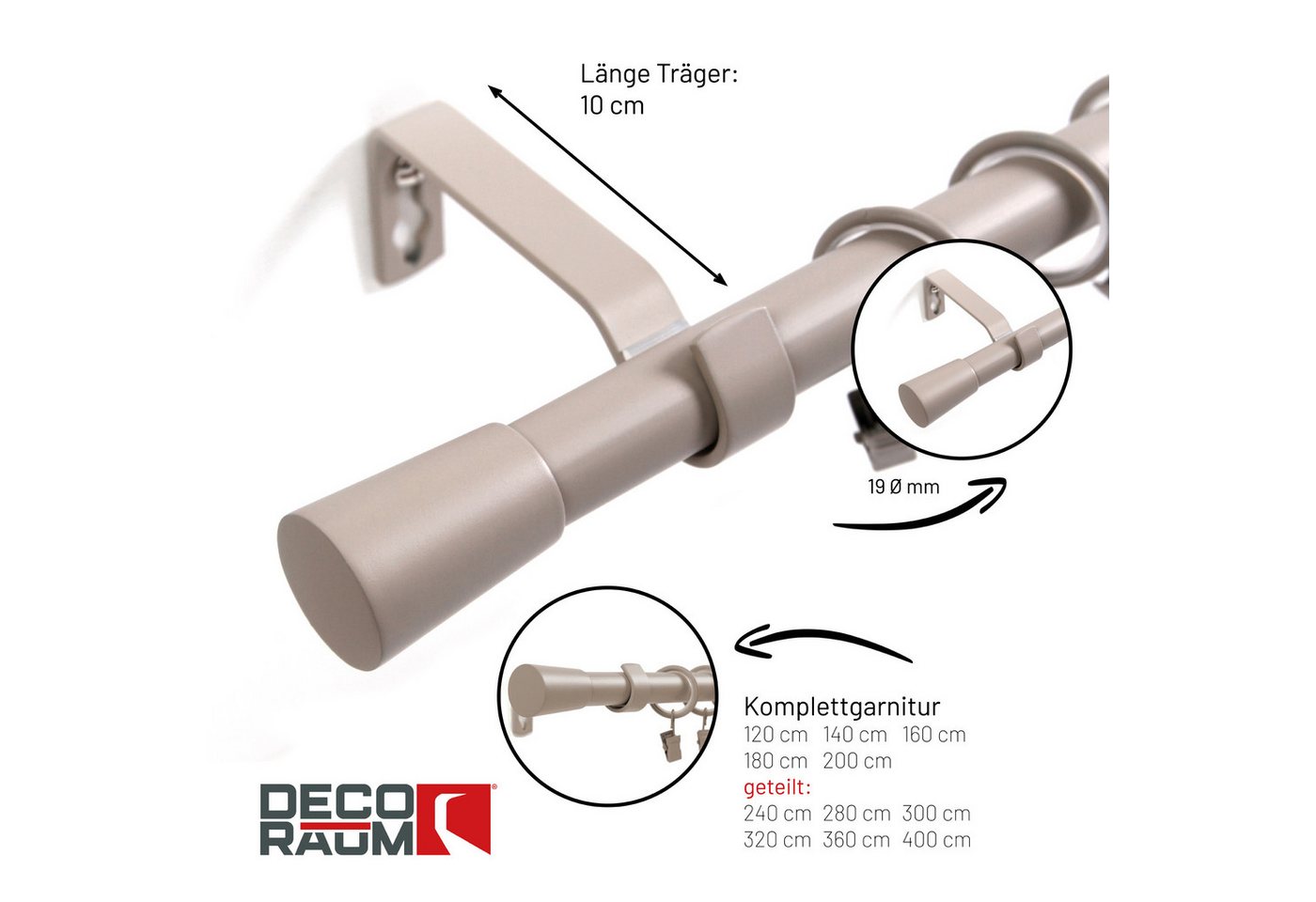 Deco-Raum Gardinenstange Liya, Ø 19 mm, 1-läufig, kürzbar, Wunschmaßlänge, verschraubt, Komplett-Set mit Ringen und Klammern,Befestigungsmaterial – Bild 2 von 5