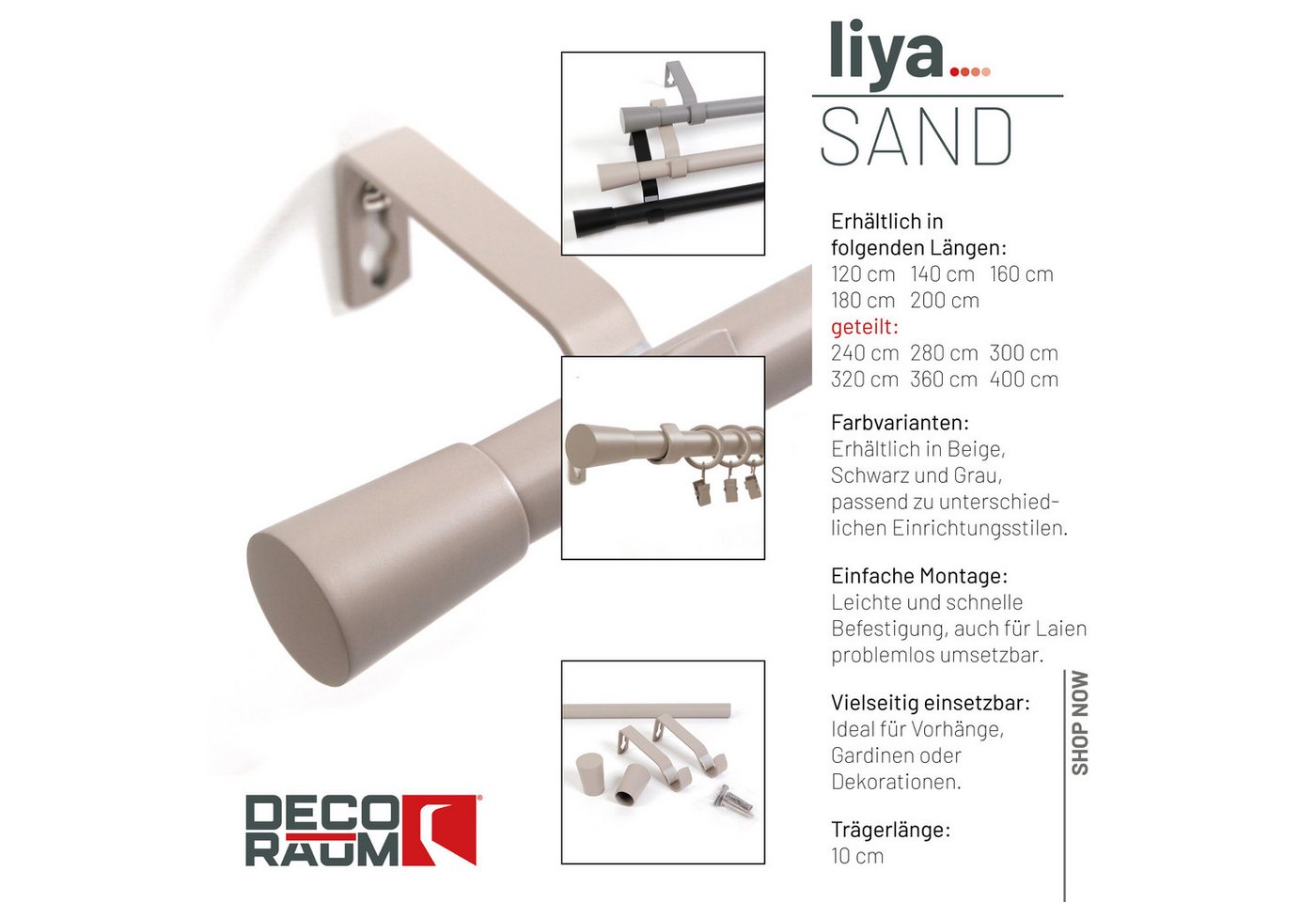 Deco-Raum Gardinenstange Liya, Ø 19 mm, 1-läufig, kürzbar, Wunschmaßlänge, verschraubt, Komplett-Set mit Ringen und Klammern,Befestigungsmaterial – Bild 3 von 5