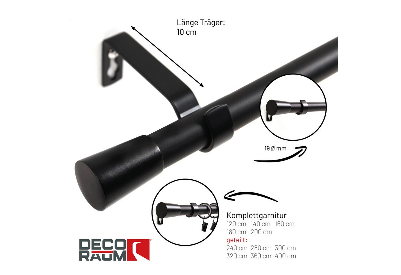 Deco-Raum Gardinenstange Liya, Ø 19 mm, 1-läufig, kürzbar, Wunschmaßlänge, verschraubt, Komplett-Set mit Ringen und Klammern,Befestigungsmaterial – Bild 2 von 5