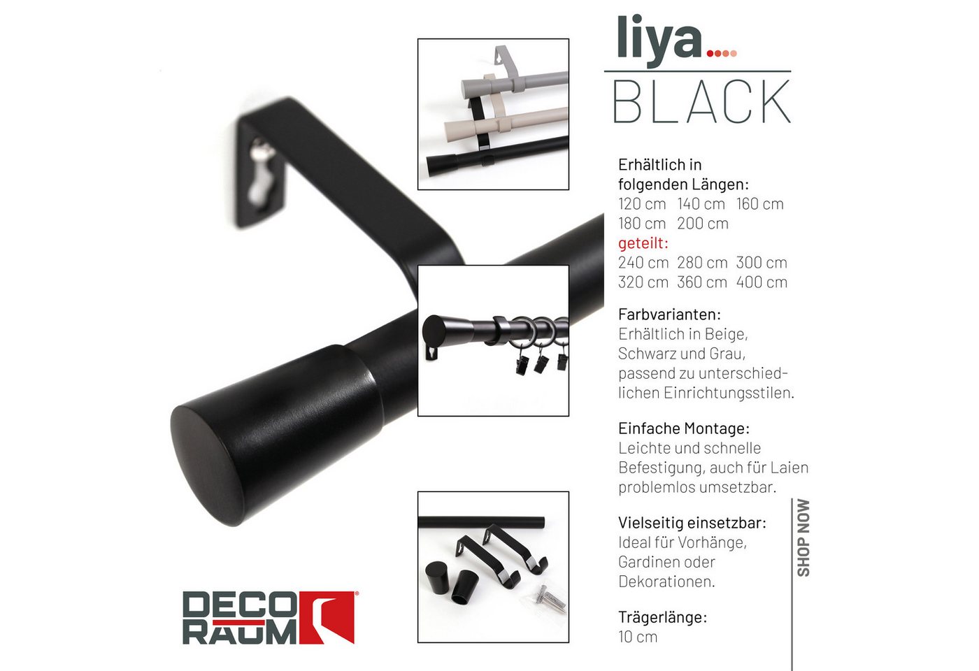 Deco-Raum Gardinenstange Liya, Ø 19 mm, 1-läufig, kürzbar, Wunschmaßlänge, verschraubt, Komplett-Set mit Ringen und Klammern,Befestigungsmaterial – Bild 3 von 5