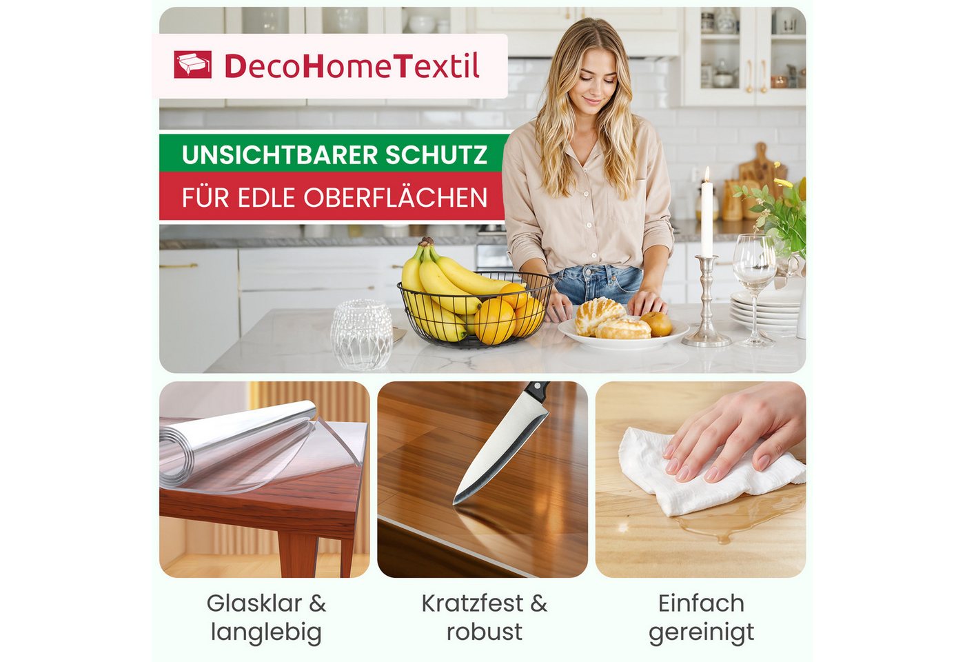 DecoHomeTextil Heimtextilmanufaktur Tischdecke Transparent Schutzfolie Folie leicht mattiert Abgeschrägte V-Kante, robust, reißfest, schalldämmend – Bild 2 von 5