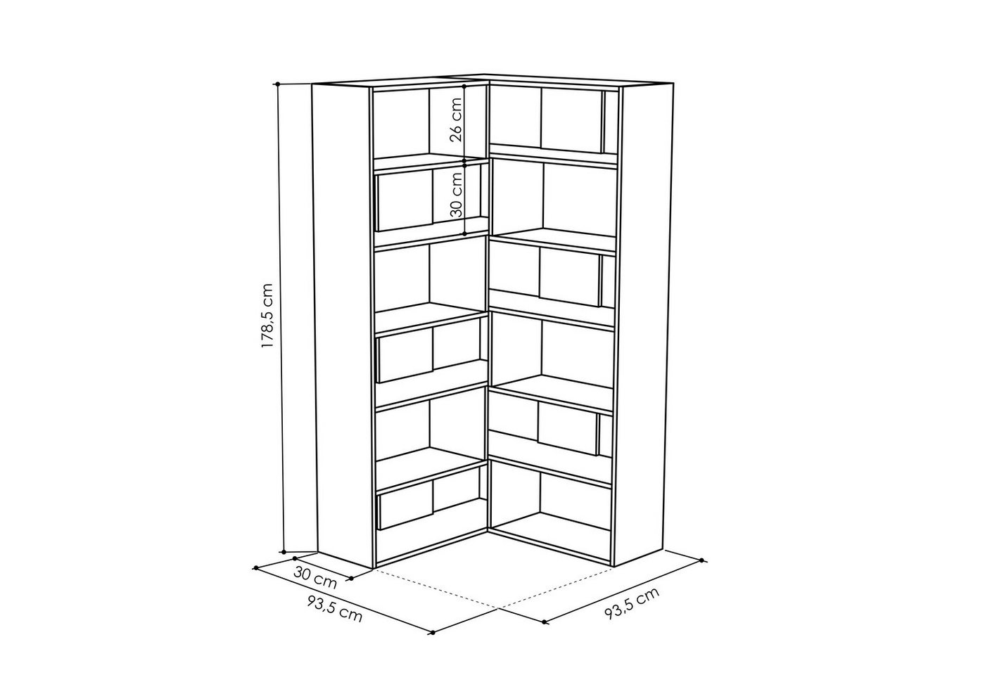 Decortie Bücherregal Molly, Modernes Bücherregal,Eck, Display Unit No.4, 29,6 x 93,6 x 178,6 cm – Bild 3 von 5