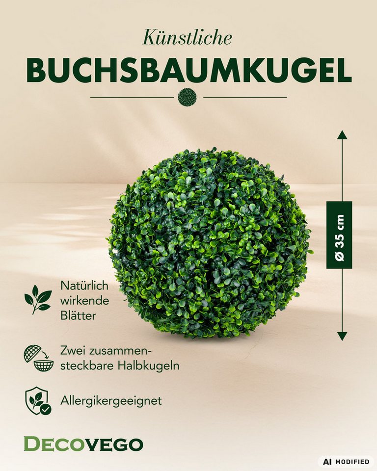 Kunstpflanze Deko Buchsbaum Künstlich Buchsbaumkugel Buchskugel 35 cm Kunstpflanze Buchsbaum, Decovego, Höhe 35 cm – Bild 2 von 5