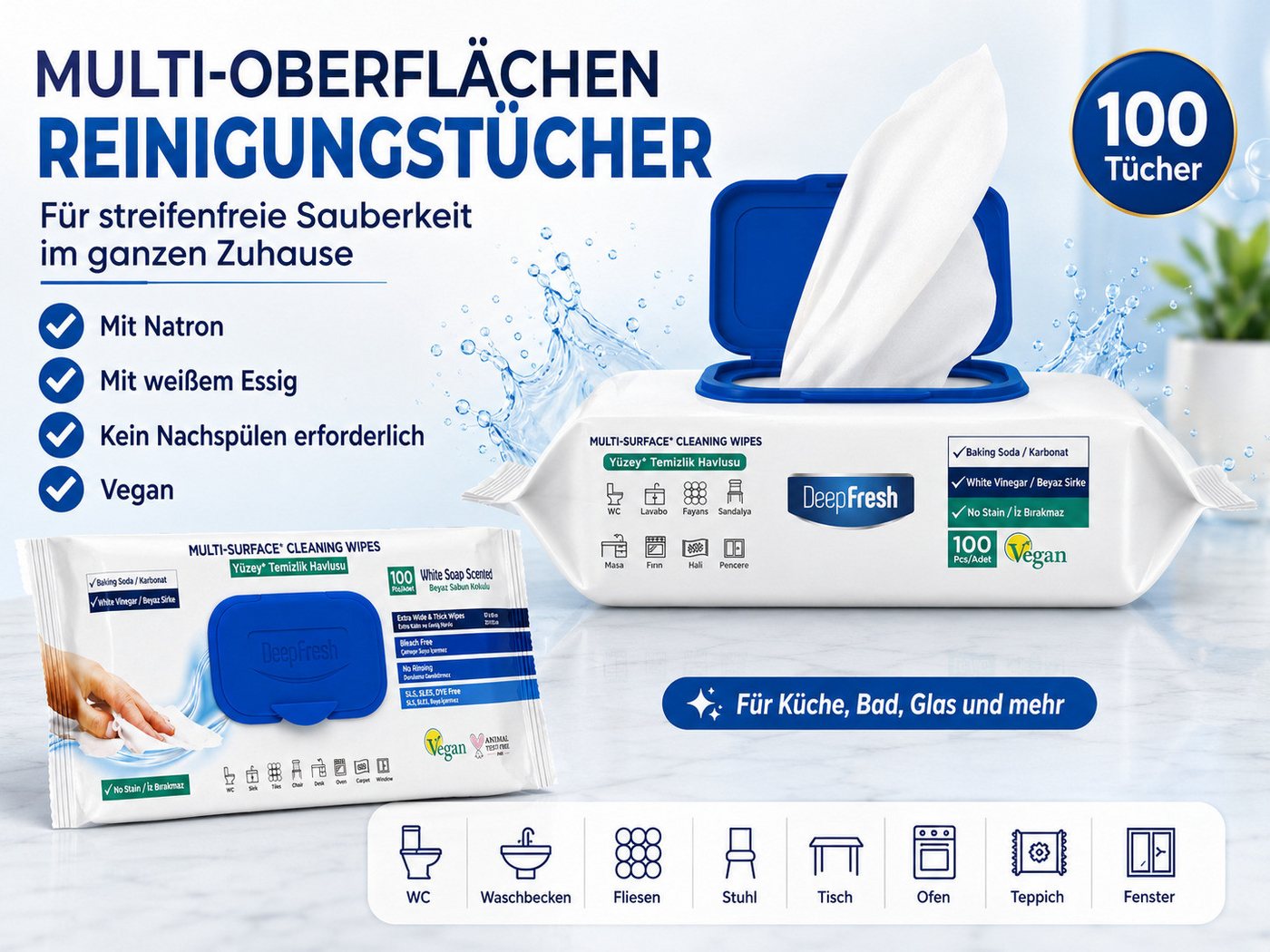 DeepFresh Allzweck-Reinigungstücher, Putztücher zum Putzen für Haushalt & Alltag Reinigungstücher (22x22 cm, 12er-Set, 12-tlg., 12 Packungen mit 1.200 Tüchern,  – Bild 3 von 5