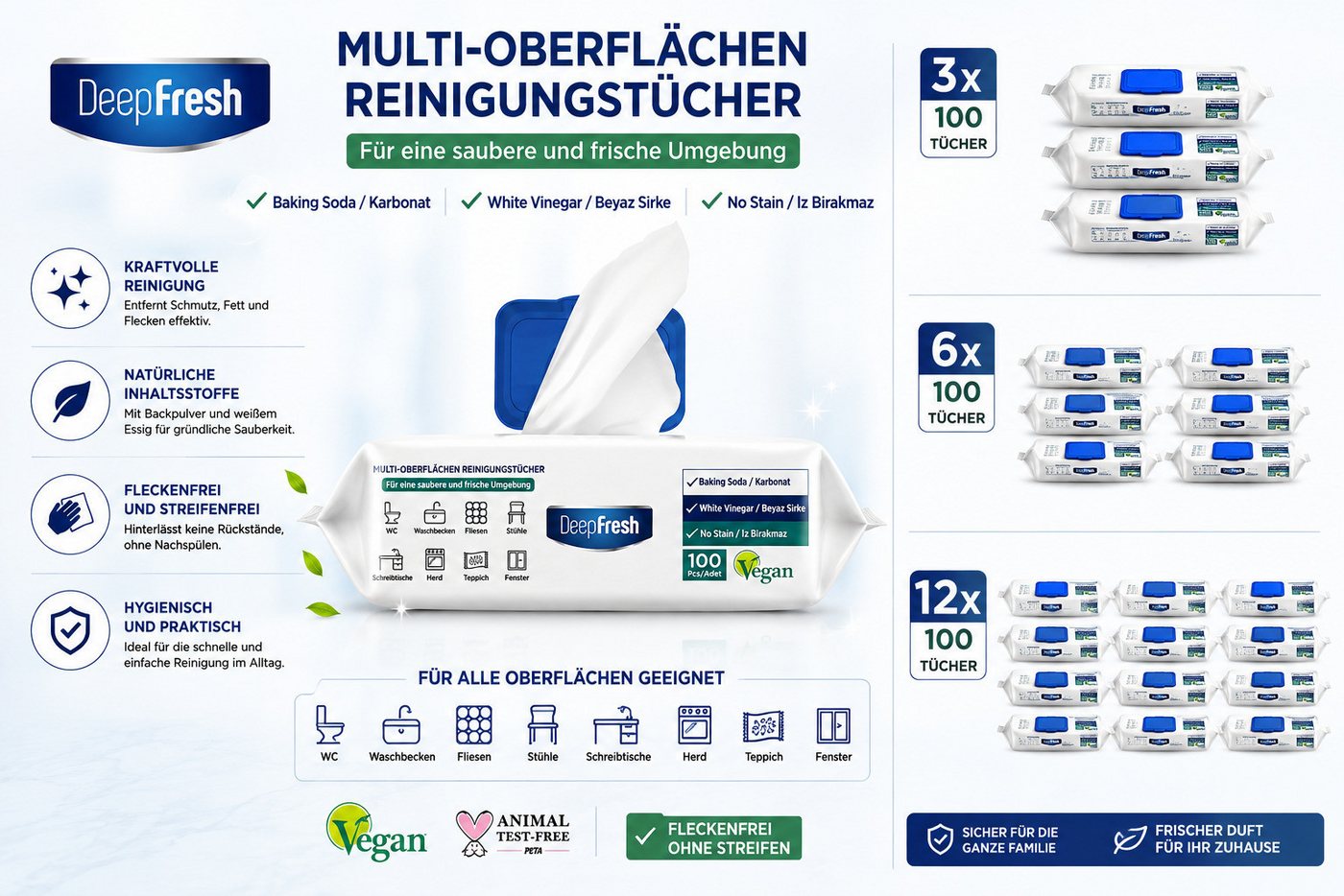 DeepFresh Allzweck-Reinigungstücher, Putztücher zum Putzen für Haushalt & Alltag Reinigungstücher (22x22 cm, 12er-Set, 12-tlg., 12 Packungen mit 1.200 Tüchern,  – Bild 4 von 5