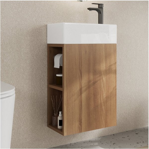 DeerValley Badmöbel-Set Waschbecken Mit Unterschrank Hängend Badmöbel set 41.5x68x23 cm, (Set, Eiche Artisan Waschtisch für Badezimmer), Fireclay-Becken mit off