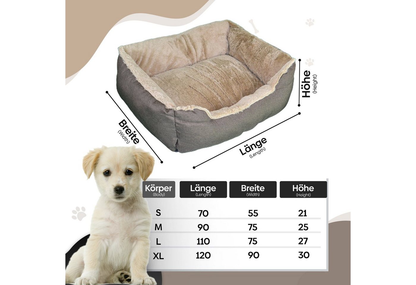 Defactoshop Tierbett Hundebett, Kissen in Leinenoptik, Hundekorb, erhöhte Ränder, verschiedene Größen – Bild 2 von 5
