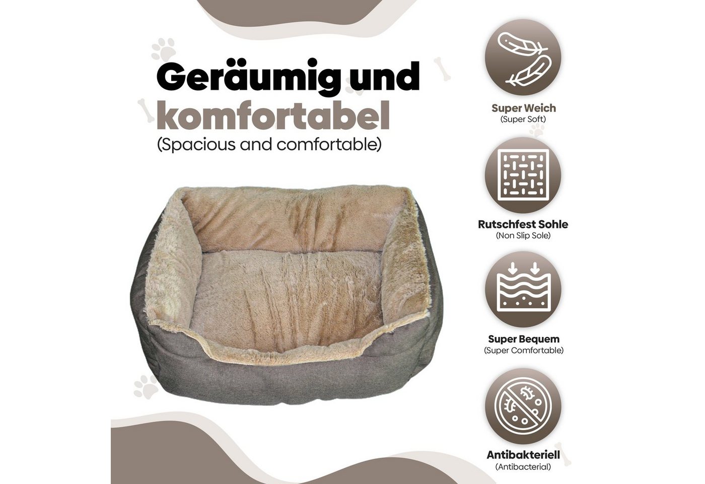 Defactoshop Tierbett Hundebett, Kissen in Leinenoptik, Hundekorb, erhöhte Ränder, verschiedene Größen – Bild 3 von 5