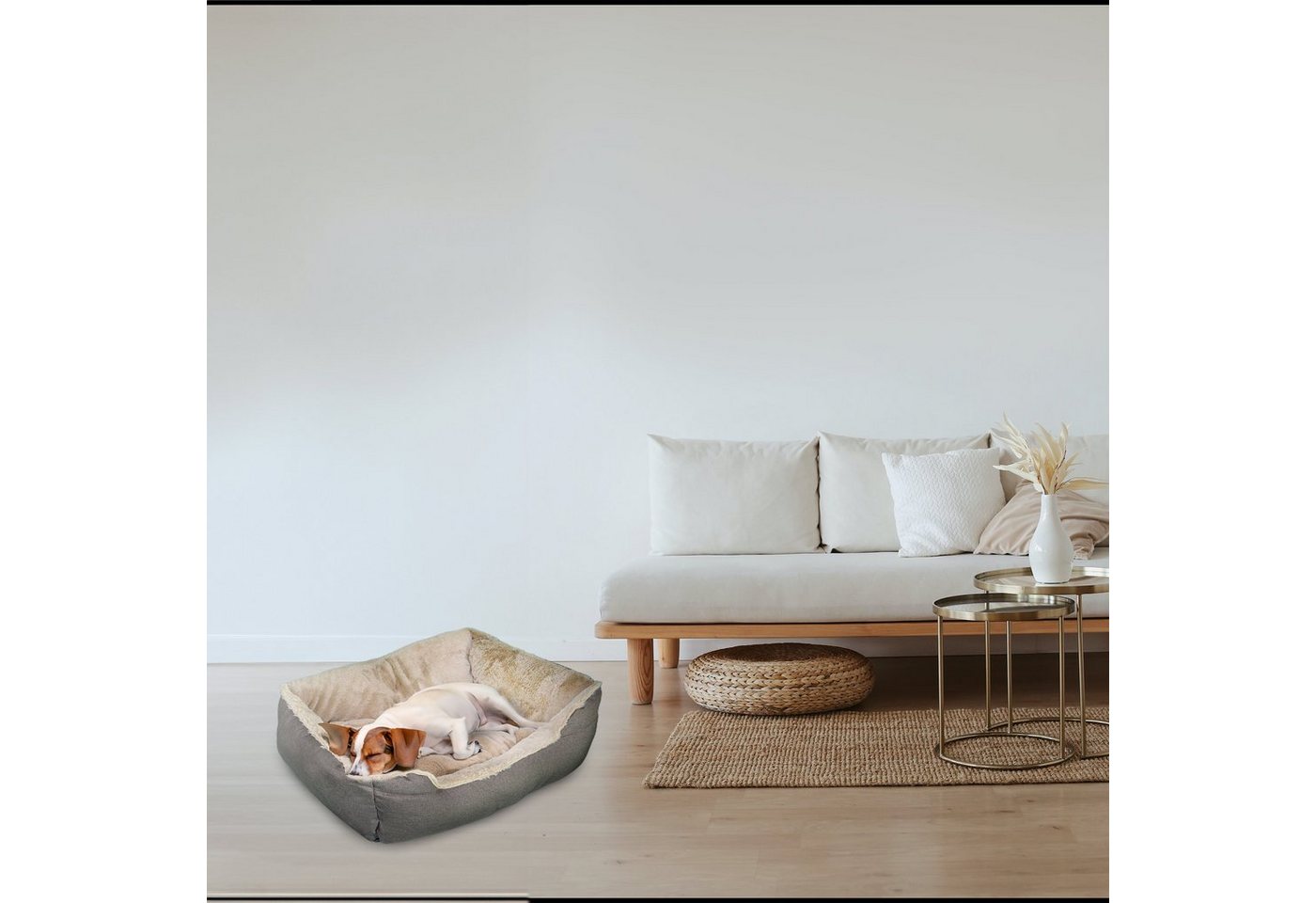 Defactoshop Tierbett Hundebett, Kissen in Leinenoptik, Hundekorb, erhöhte Ränder, verschiedene Größen – Bild 4 von 5