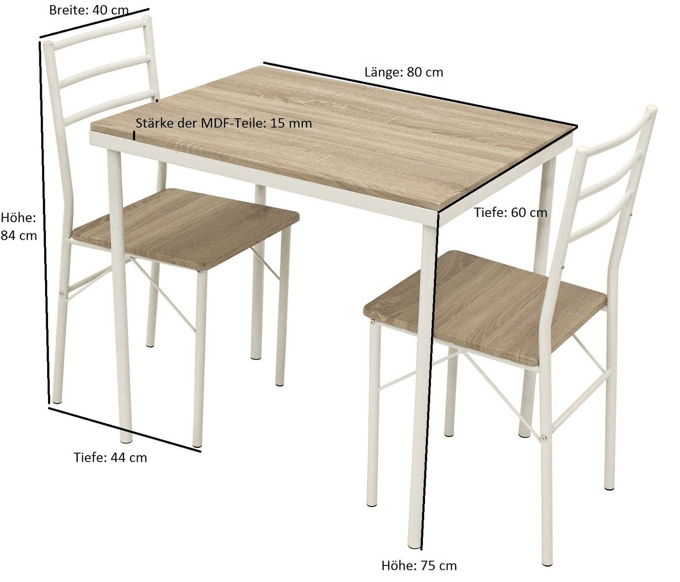 DEGAMO Essgruppe KÖLN, (3-tlg), Gestell weiß beschichtet, Tischplatte/ Stühle aus Sonoma Oak (Eiche) – Bild 2 von 3