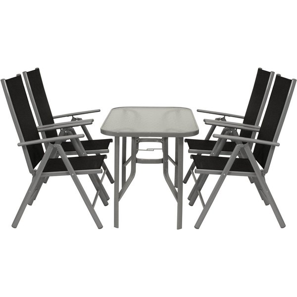 DEGAMO Garten-Essgruppe RAVENNA, (5-tlg), 4x Klappsessel Alu + Textilgewebe, 1x Glastisch grau