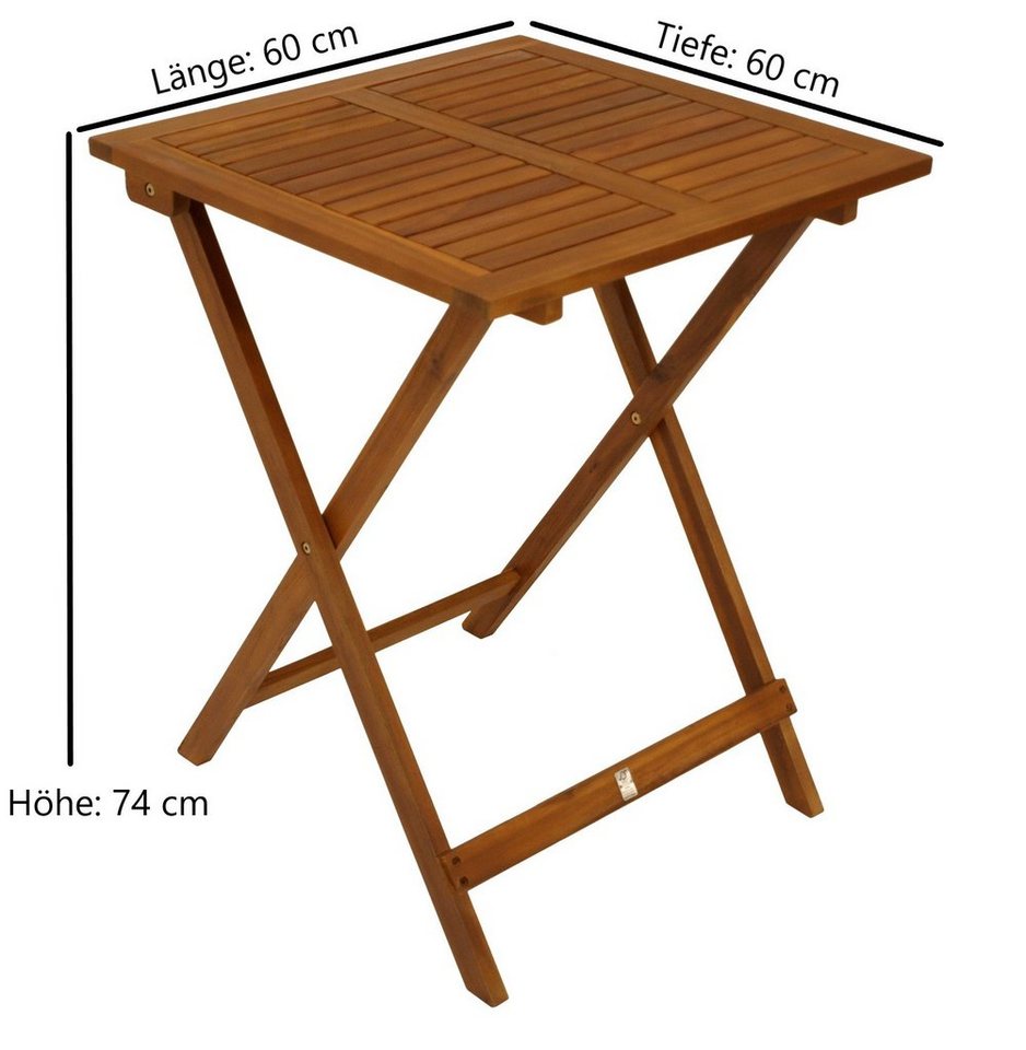 DEGAMO Gartentisch LIMA, quadratisch 60x60cm, Höhe 74cm, Akazie geölt, klappbar – Bild 4 von 4