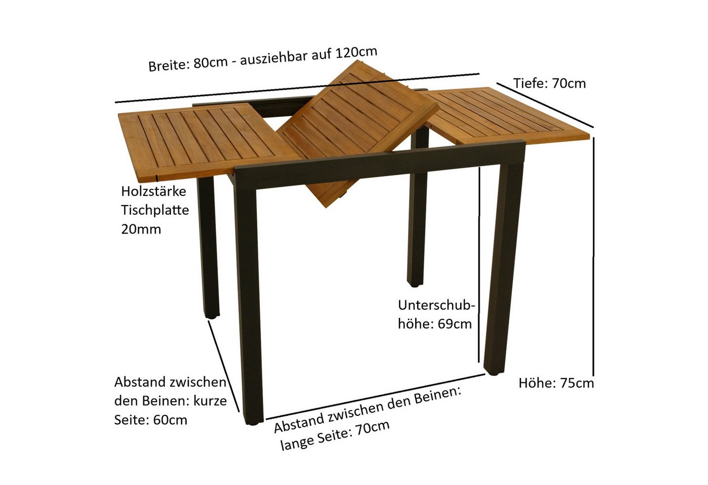 DEGAMO Gartentisch VICENZA, ausziehbar 80/120x70cm, Alu anthrazit + Akazie – Bild 5 von 5