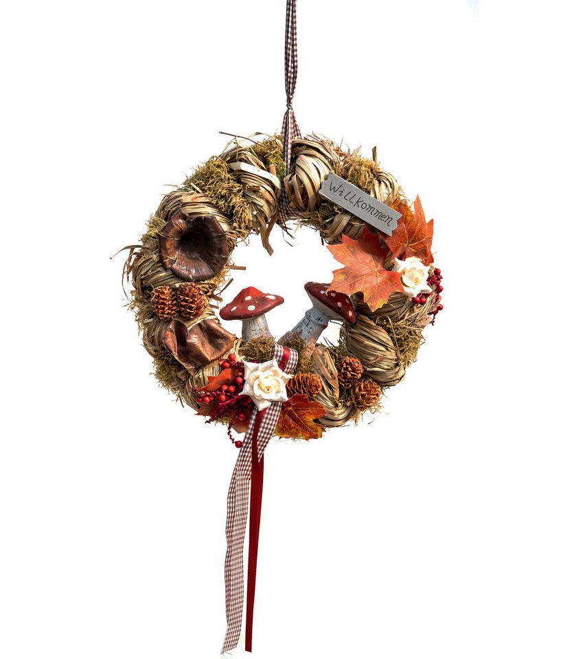 Dehner Dekokranz Glückspilz, Ø 28 cm, Höhe 10 cm, Kunststoff / Heu / Moos, handgefertigter Herbst Kranz, einseitig gebunden – Bild 2 von 2