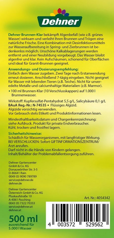 Dehner Gartenbrunnen Brunnen-Klar, gegen Algen und Kalk in Zierbrunnen, 500 ml, mit Langzeitwirkung für Gartenbrunnen, Zimmerbrunnen – Bild 2 von 2