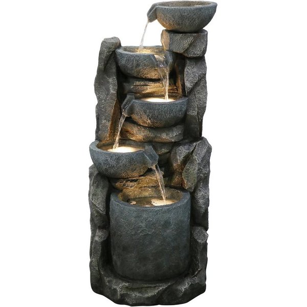 Dehner Gartenbrunnen Gresta, mit LED Beleuchtung, 40.5 x 97.5 x 40.5 cm, Polyresin, schwarz, 40,5 cm Breite, frostbeständig, solarfähiger Kaskadenbrunnen, inkl.