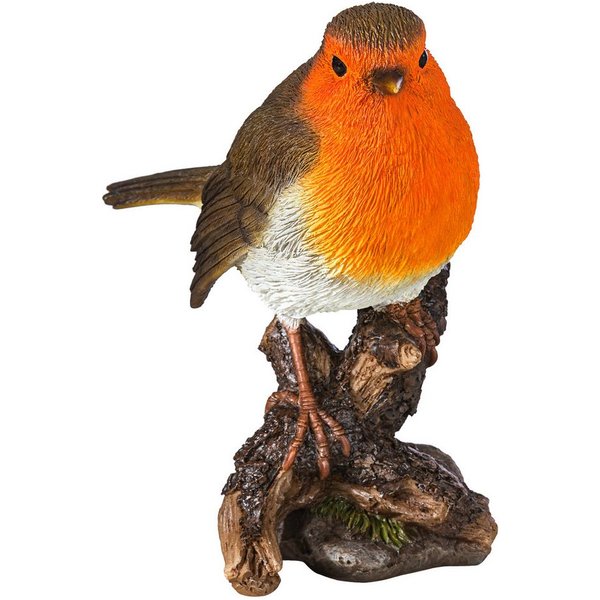 Dehner Gartenfigur Rotkehlchen auf Baumstumpf, 10 x 7.5 x 12.8 cm, Polyresin, handgefertigte Tierfigur, frostbeständig