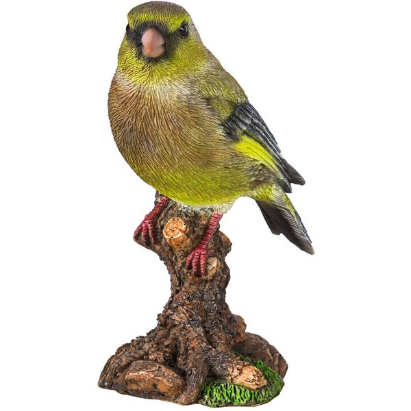 Dehner Gartenfigur Stieglitz auf Baumstumpf, 9.5 x 7.5 x 15 cm, Polyresin, handgefertigte Tierfigur, frostbeständig