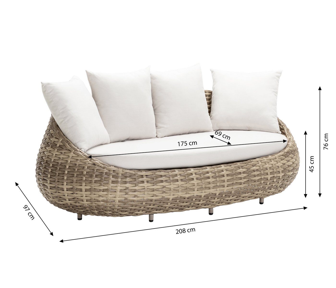 Dehner Gartenlounge-Set Lounge-Sofa Tulum, 3-Sitzer Sofa inkl. Polster, 208 x 97 x 76 cm, modernes, hochwertiges Outdoor-Sofa mit wasserabweisendem Bezug – Bild 4 von 5
