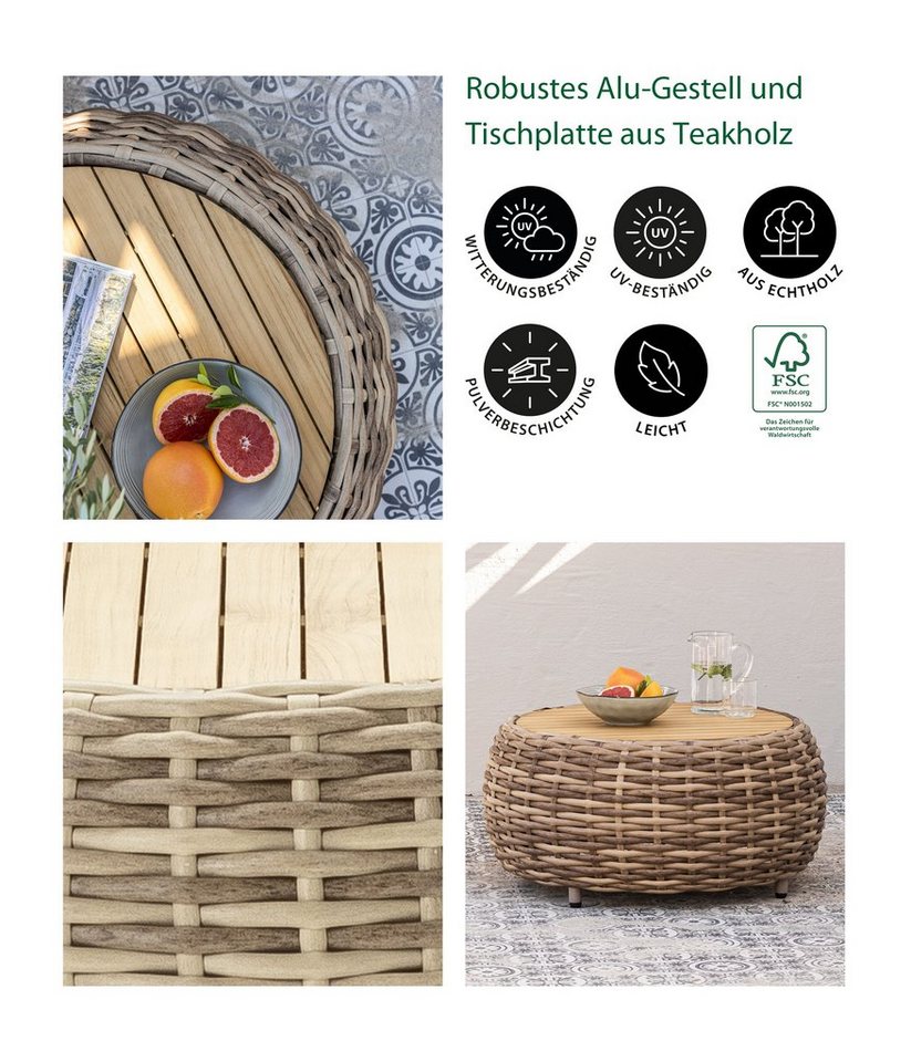 Dehner Gartenlounge-Set Lounge Tisch Tulum, Ø 71 cm, Höhe 40 cm, braun, Beistelltisch aus Kunststoffgeflecht und Aluminium mit Teakholzplatte – Bild 2 von 5