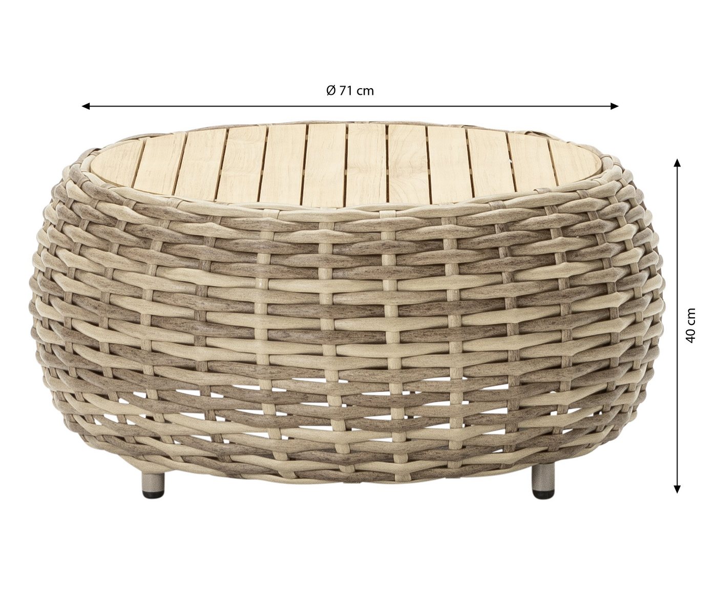 Dehner Gartenlounge-Set Lounge Tisch Tulum, Ø 71 cm, Höhe 40 cm, braun, Beistelltisch aus Kunststoffgeflecht und Aluminium mit Teakholzplatte – Bild 5 von 5