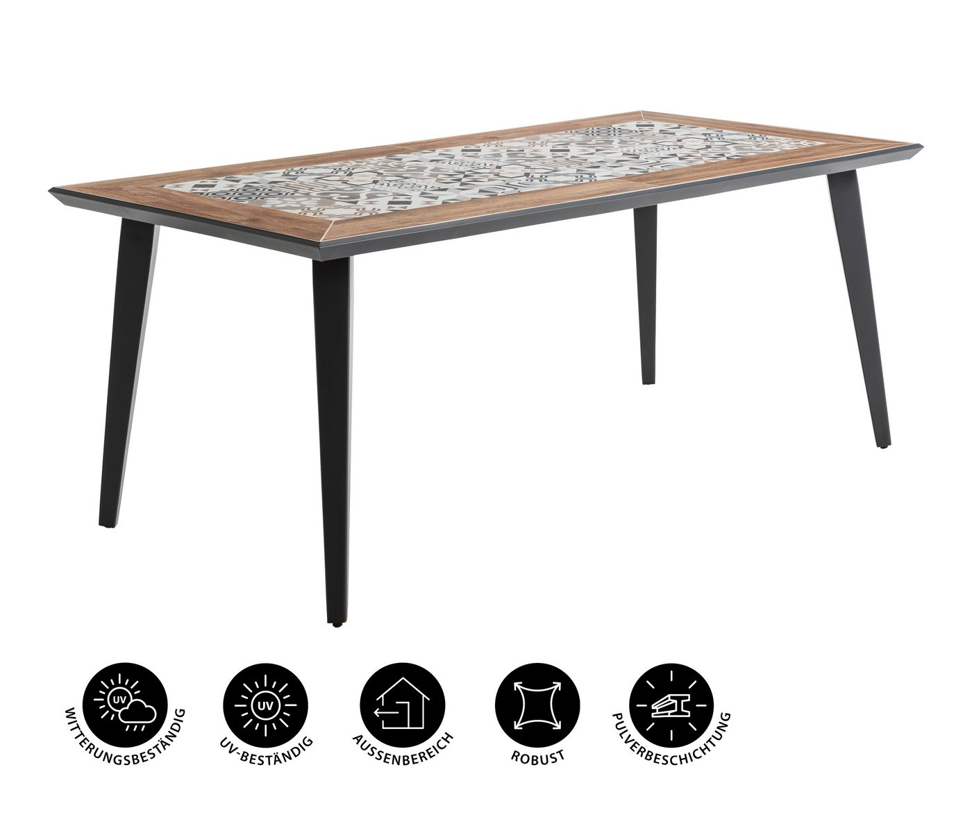 Dehner Gartentisch Lissabon, 6 Sitzplätze, 178.5 x 74 x 88.5 cm, Aluminium / Keramik, mit mediterranem Mosaik auf der Tischplatte – Bild 5 von 5