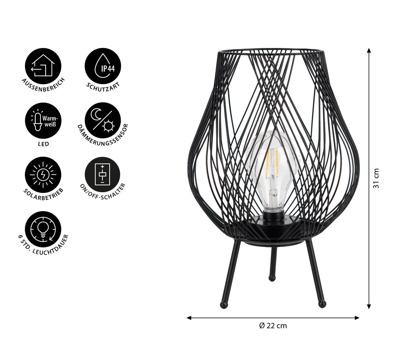 Dehner LED Solarleuchte Romy, LED Gartenlaterne, Solar, Ø22 x H31 cm, Metall, schwarz, Warmweiß, Dämmerungssensor, Solar – Bild 3 von 5