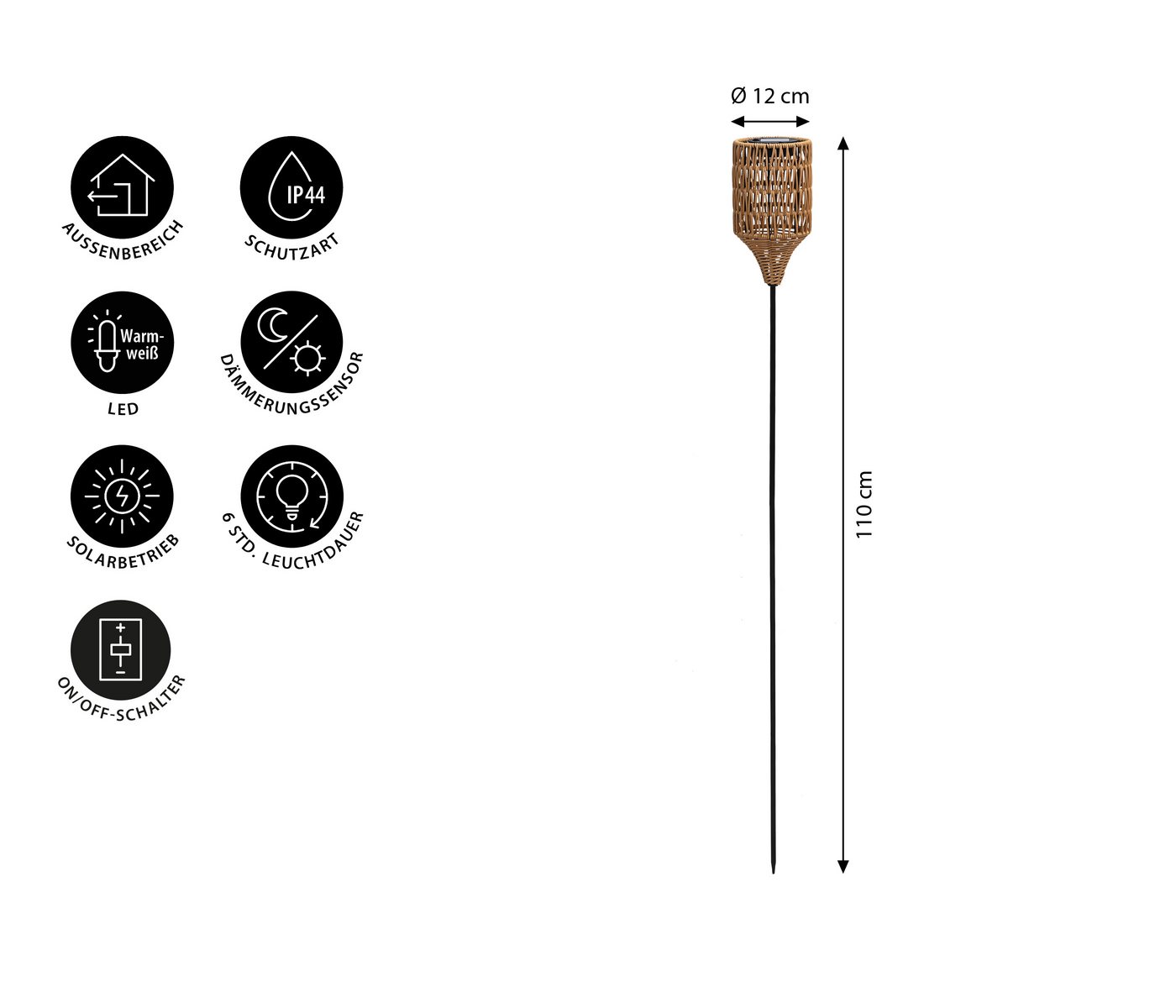 Dehner LED Solarleuchte Solarstab Mila, Lichtfarbe warmweiß, Ø 12 cm, Höhe 110 cm, Warmweiß, Gartenfackel im Boho-Stil aus Kunststoffgeflecht – Bild 2 von 5