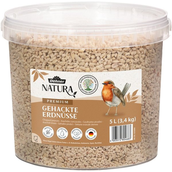 Dehner Natura Erdnusskerne gehackt, im Eimer, Wildvogelfutter schalenfrei, 5l Erdnuss, Ergänzungsfutter für: Gartenvögel, Wildvogel, Premium Fettfutter für Meis