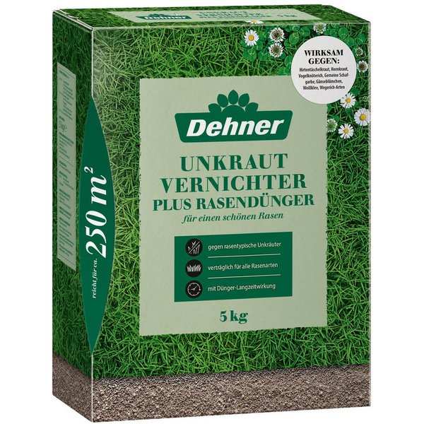Dehner Rasendünger Unkrautvernichter plus Rasendünger, 5kg oder 8kg, 250 m², Langzeitwirkung bis zu 3 Monate