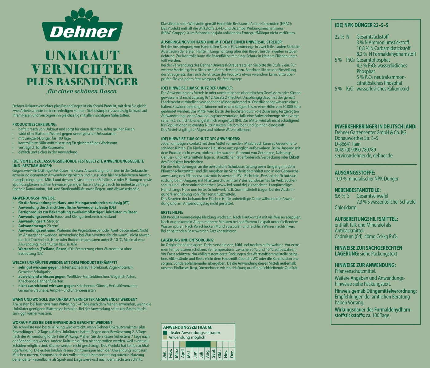 Dehner Rasendünger Unkrautvernichter plus Rasendünger, 5kg oder 8kg, 250 m², Langzeitwirkung bis zu 3 Monate – Bild 3 von 3