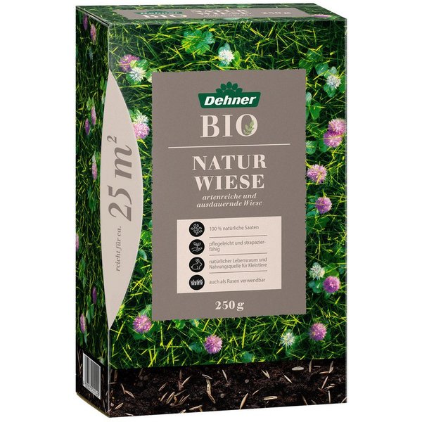 Dehner Rasensamen Bio Saatgut Naturwiese, insektenfreundlich, pflegeleicht, 250 g, 25 m², strapazierfähig, für naturnahe Gärten, lebendige Naturflächen