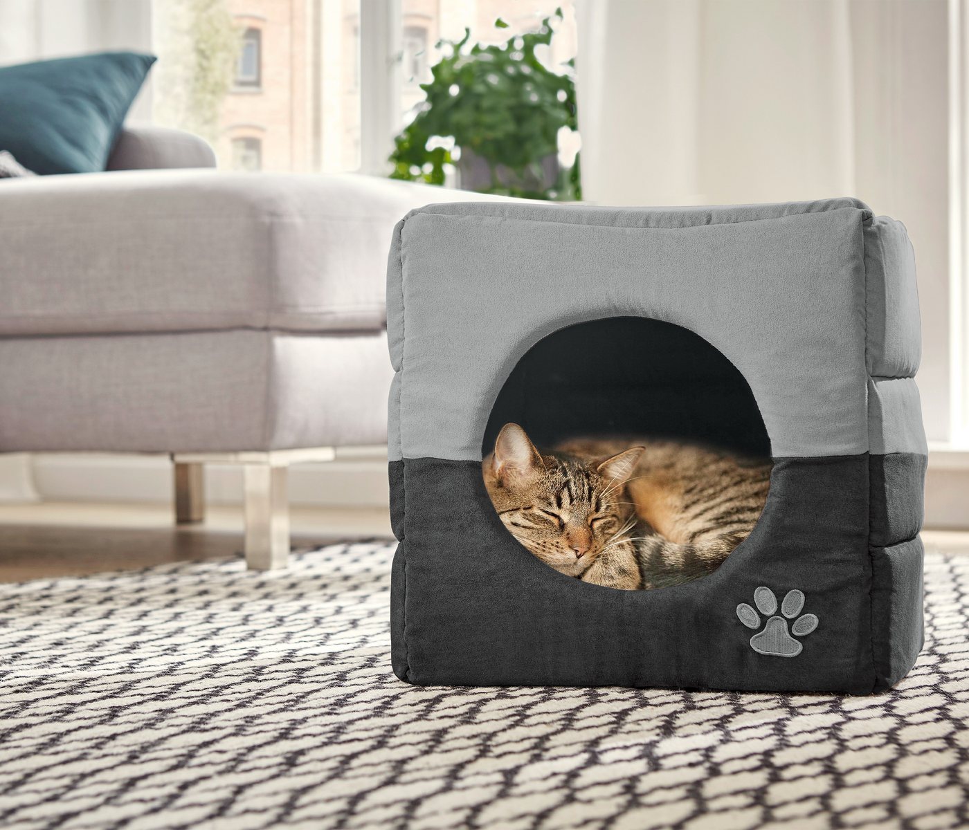 Dehner Tierbett Katzenhöhle Luca, 40 x 40 x 40 cm, Polyester, Kuschelhöhle und Katzenbett, auch für kleine Hunde wunderbar – Bild 3 von 3