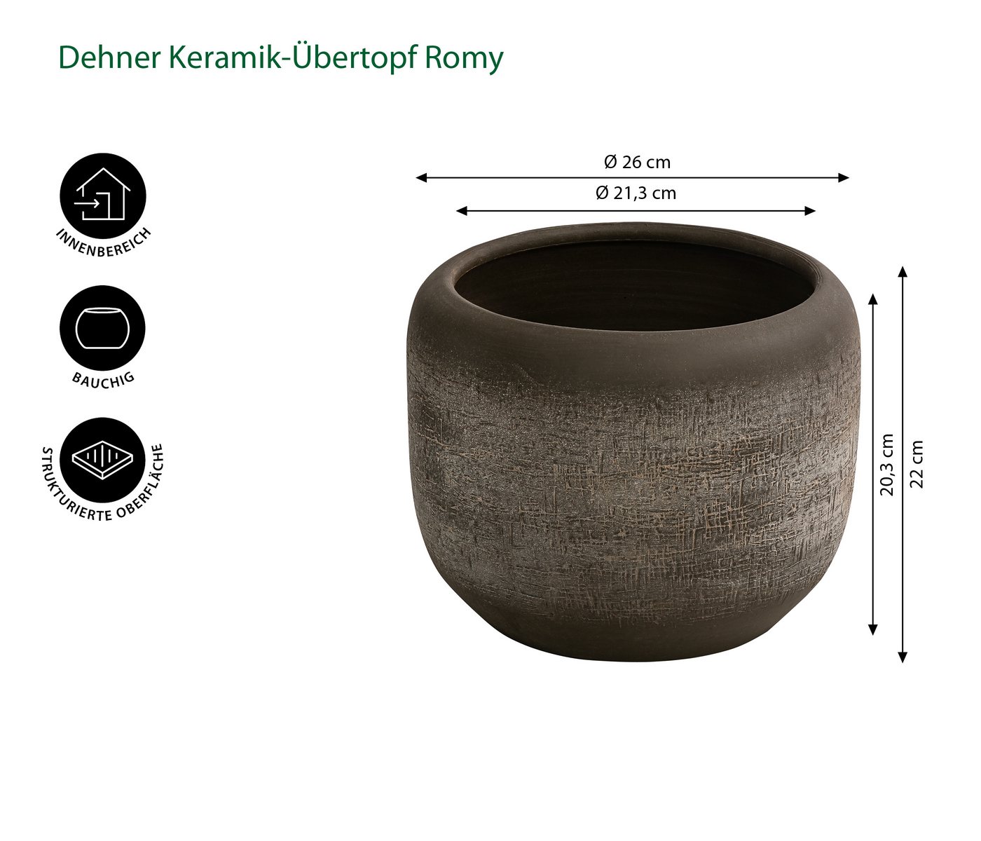 Dehner Übertopf Romy, Ø 24 - 29 cm, Höhe 20 - 26 cm, rund, Keramik, Übertopf mit reliefartiger Oberfläche, für Zimmerpflanzen – Bild 2 von 3