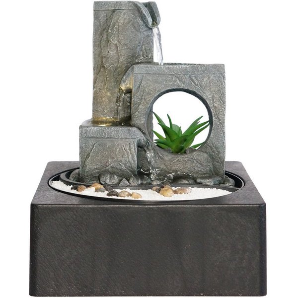 Dehner Zimmerbrunnen Mana, mit LED-Beleuchtung, 23 x 27 x 23 cm, Polyresin, grau, beruhigendes Wasserspiel mit sanftem, warmweißen Licht