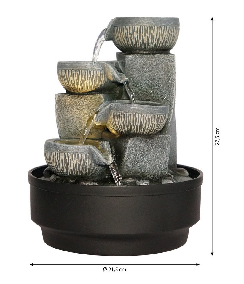 Dehner Zimmerbrunnen Nalani, LED-Beleuchtung, Höhe ca. 27 cm, Ø 21.5 cm, Polyresin, grau, beruhigendes Wasserspiel mit sanftem, warmweißen Licht – Bild 2 von 2
