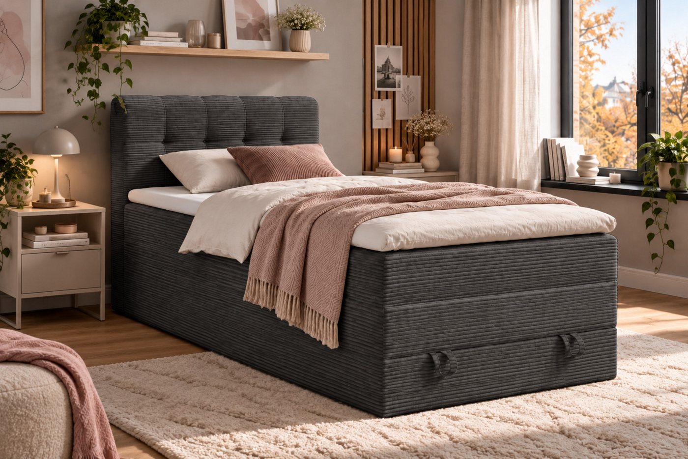 Deine Möbel 24 Boxspringbett JUNG 2 Polsterbett Komplettbett Hotelbett Cord-Stoff inkl. Topper (für Jugendliche Jugendbett Cord Beige Creme Grau Schwarz Anthraz – Bild 2 von 5