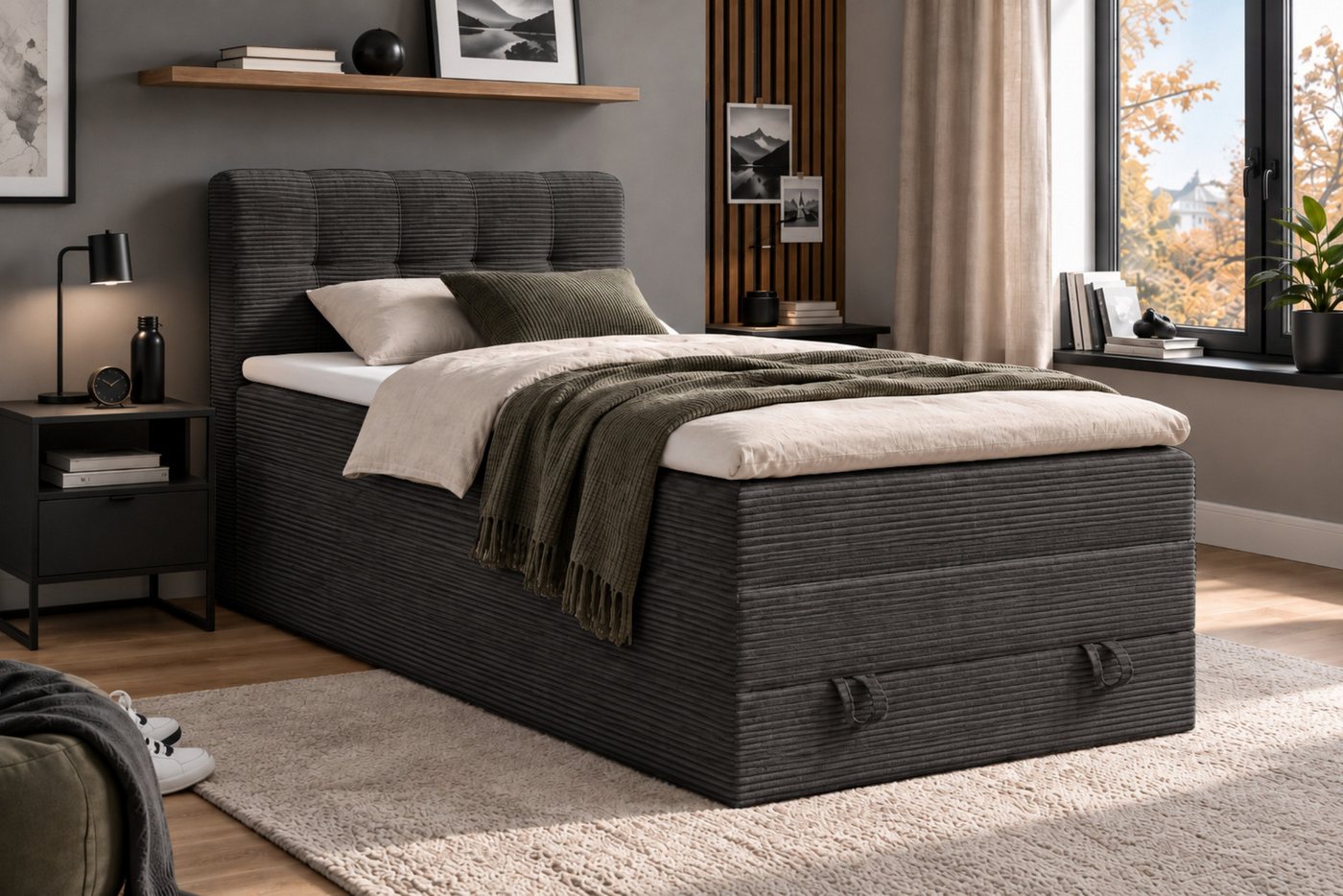 Deine Möbel 24 Boxspringbett JUNG 2 Polsterbett Komplettbett Hotelbett Cord-Stoff inkl. Topper (für Jugendliche Jugendbett Cord Beige Creme Grau Schwarz Anthraz – Bild 3 von 5